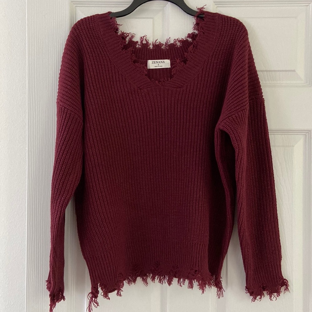 Zenana Outfitters Burgundy Distressed Sweater